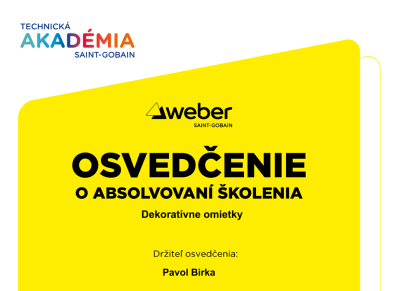Osvedčenie o absolvovaní školenia Dekoratívne omietky