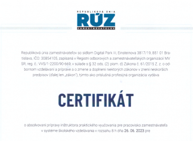 Certifikát o absolvovaní prípravy inštruktora praktického vyučovania